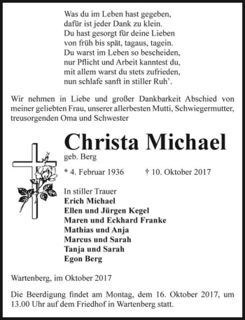 Traueranzeige von Christa Michael (geb. Berg)  von Magdeburger Volksstimme