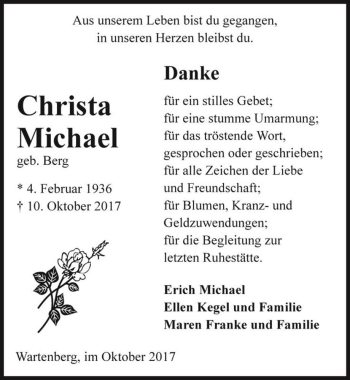Traueranzeige von Christa Michael (geb. Berg)  von Magdeburger Volksstimme