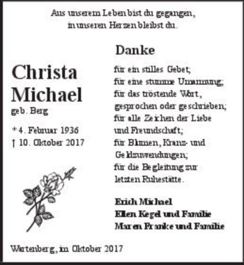 Traueranzeige von Christa Michael (geb. Berg)  von Magdeburger Volksstimme