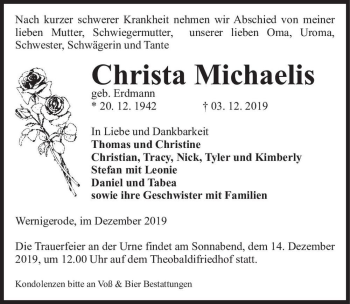 Traueranzeige von Christa Michaelis (geb. Erdmann)  von Magdeburger Volksstimme