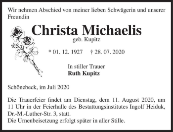 Traueranzeige von Christa Michaelis (geb. Kupitz)  von Magdeburger Volksstimme
