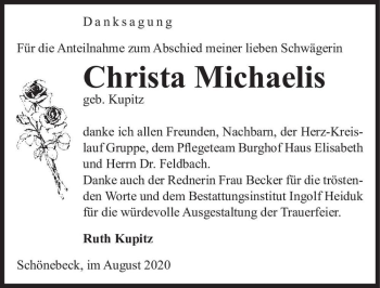 Traueranzeige von Christa Michaelis (geb. Kupitz)  von Magdeburger Volksstimme