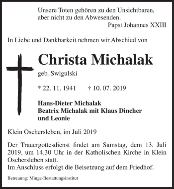 Traueranzeige von Christa Michalak (geb. Swigulski)  von Magdeburger Volksstimme