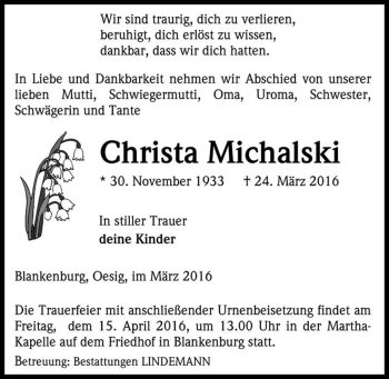 Traueranzeige von Christa Michalski  von Magdeburger Volksstimme