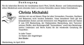 Traueranzeige von Christa Michalski  von Magdeburger Volksstimme