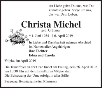Traueranzeige von Christa Michel (geb. Grützner)  von Magdeburger Volksstimme