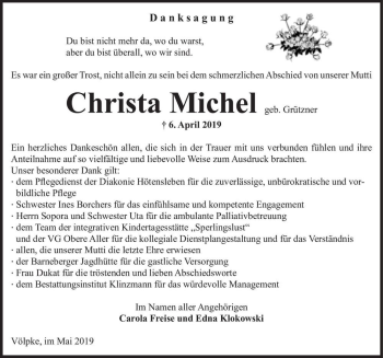 Traueranzeige von Christa Michel (geb. Grützner)  von Magdeburger Volksstimme