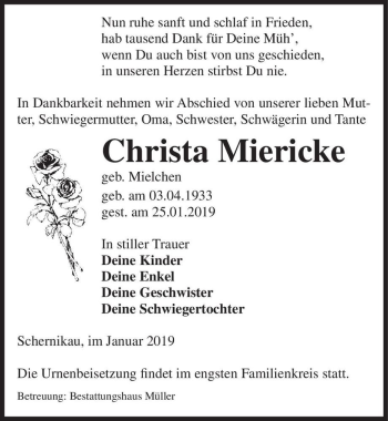 Traueranzeige von Christa Miericke (geb. Mielchen)  von Magdeburger Volksstimme