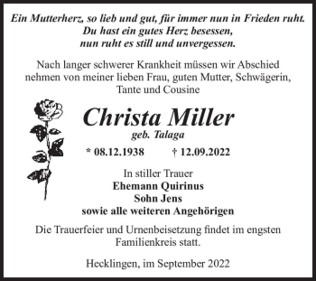 Traueranzeige von Christa Miller (geb. Talaga)  von Magdeburger Volksstimme