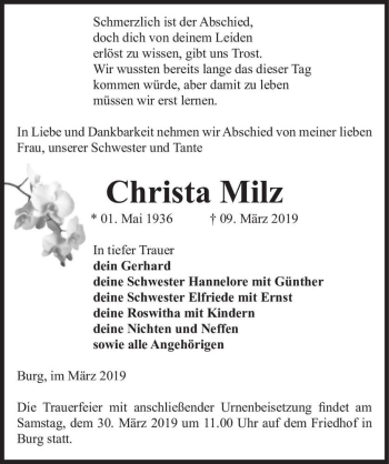 Traueranzeige von Christa Milz  von Magdeburger Volksstimme