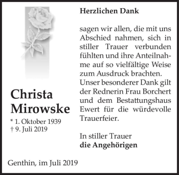Traueranzeige von Christa Mirowske  von Magdeburger Volksstimme