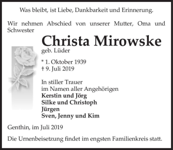 Traueranzeige von Christa Mirowske (geb. Lüder)  von Magdeburger Volksstimme