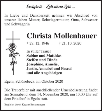Traueranzeige von Christa Mollenhauer  von Magdeburger Volksstimme