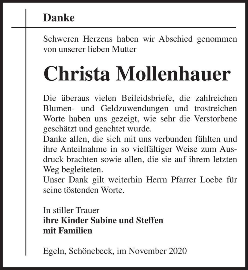  Traueranzeige für Christa Mollenhauer  vom 21.11.2020 aus Magdeburger Volksstimme