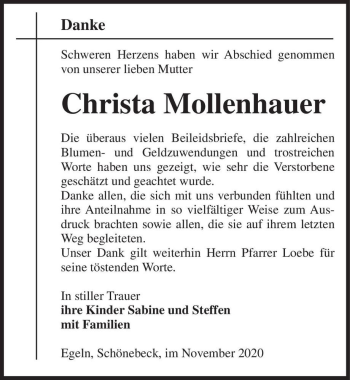 Traueranzeige von Christa Mollenhauer  von Magdeburger Volksstimme