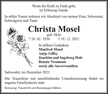 Traueranzeige von Christa Mosel (geb. Holz)  von Magdeburger Volksstimme