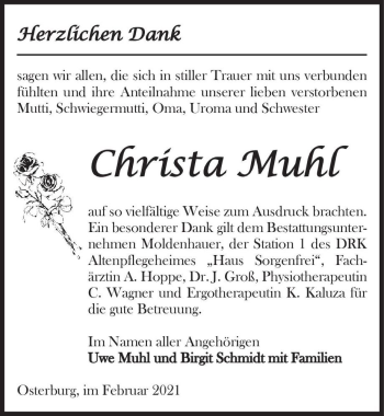 Traueranzeige von Christa Muhl  von Magdeburger Volksstimme
