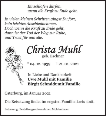 Traueranzeige von Christa Muhl (geb. Eschner)  von Magdeburger Volksstimme