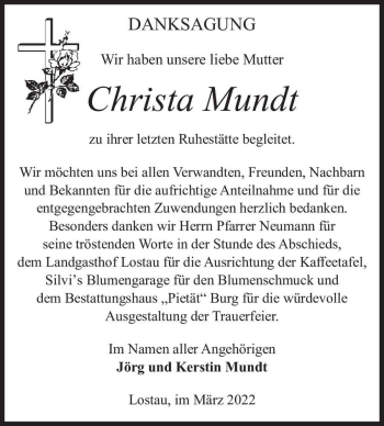 Traueranzeige von Christa Mundt  von Magdeburger Volksstimme
