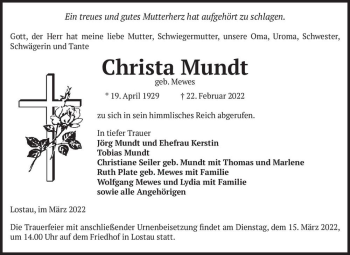 Traueranzeige von Christa Mundt (geb. Mewes)  von Magdeburger Volksstimme