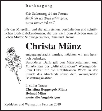 Traueranzeige von Christa Mänz  von Magdeburger Volksstimme