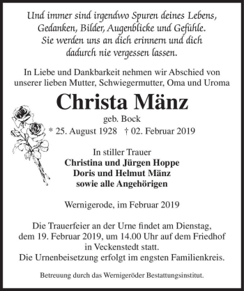 Traueranzeige von Christa Mänz (geb. Bock)  von Magdeburger Volksstimme