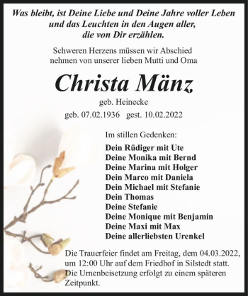 Traueranzeige von Christa Mänz (geb. Heinecke)  von Magdeburger Volksstimme