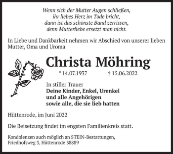 Traueranzeige von Christa Möhring  von Magdeburger Volksstimme