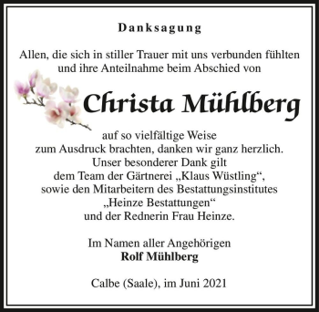 Traueranzeige von Christa Mühlberg  von Magdeburger Volksstimme
