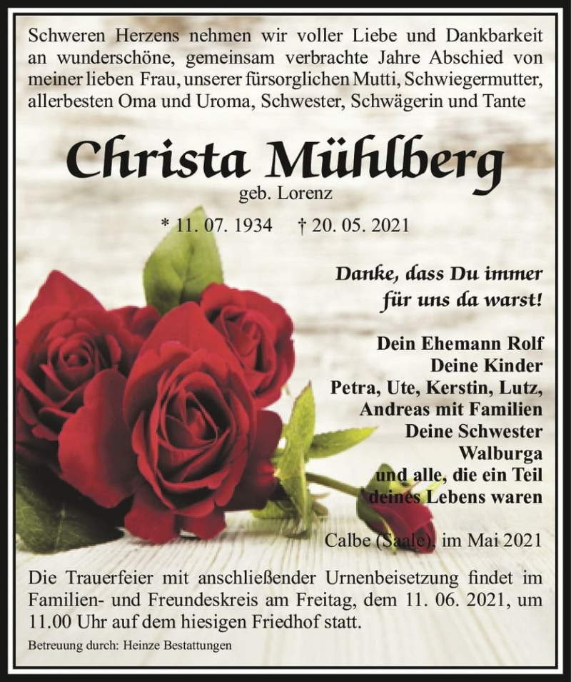  Traueranzeige für Christa Mühlberg (geb. Lorenz)  vom 29.05.2021 aus Magdeburger Volksstimme