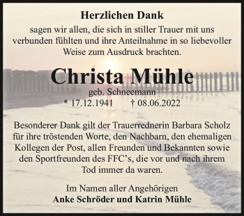 Traueranzeige von Christa Mühle (geb. Schneemann)  von Magdeburger Volksstimme