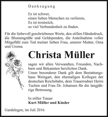 Traueranzeige von Christa Müller  von Magdeburger Volksstimme