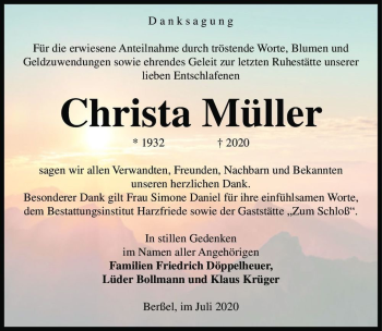 Traueranzeige von Christa Müller  von Magdeburger Volksstimme