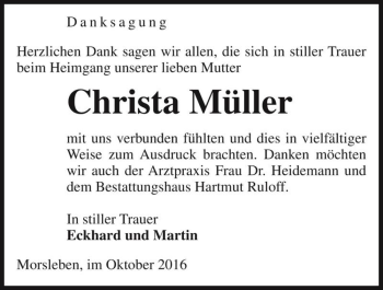 Traueranzeige von Christa Müller  von Magdeburger Volksstimme