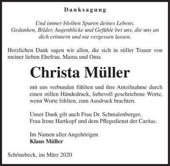 Traueranzeige von Christa Müller  von Magdeburger Volksstimme