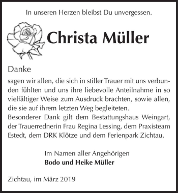 Traueranzeige von Christa Müller  von Magdeburger Volksstimme