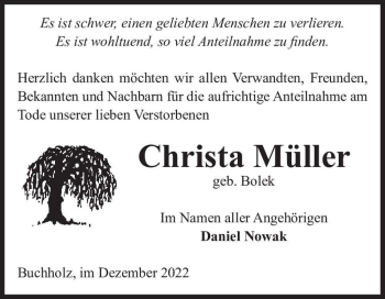 Traueranzeige von Christa Müller (geb. Bolek)  von Magdeburger Volksstimme
