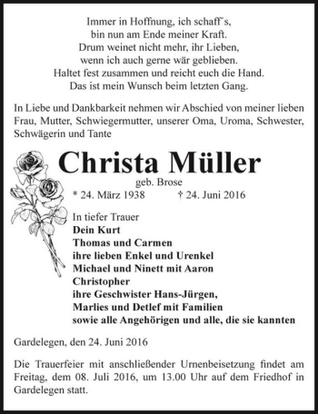 Traueranzeige von Christa Müller (geb. Brose)  von Magdeburger Volksstimme