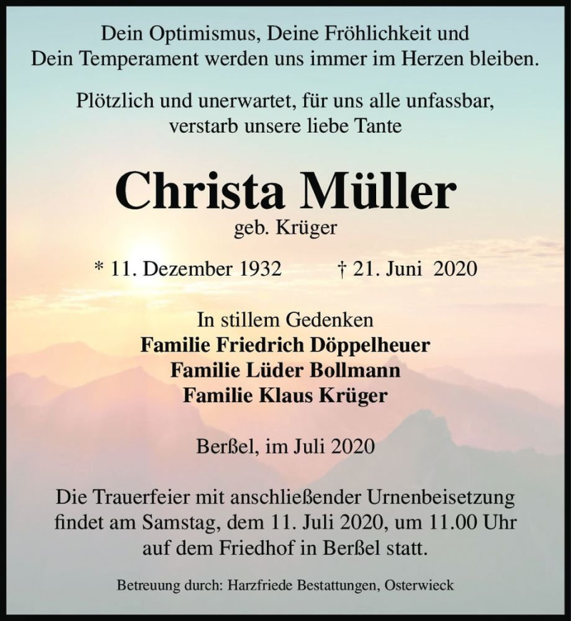  Traueranzeige für Christa Müller (geb. Krüger)  vom 04.07.2020 aus Magdeburger Volksstimme