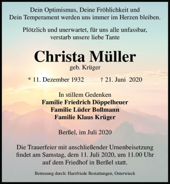 Traueranzeige von Christa Müller (geb. Krüger)  von Magdeburger Volksstimme