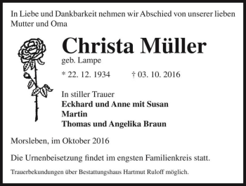 Traueranzeige von Christa Müller (geb. Lampe)  von Magdeburger Volksstimme