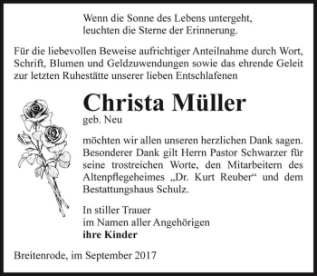 Traueranzeige von Christa Müller (geb. Neu)  von Magdeburger Volksstimme