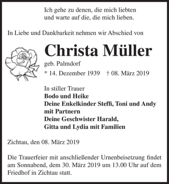 Traueranzeige von Christa Müller (geb. Palmdorf)  von Magdeburger Volksstimme