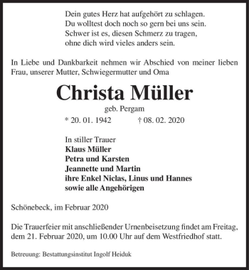 Traueranzeige von Christa Müller (geb. Pergam)  von Magdeburger Volksstimme