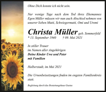 Traueranzeige von Christa Müller (geb. Sommerfeld)  von Magdeburger Volksstimme