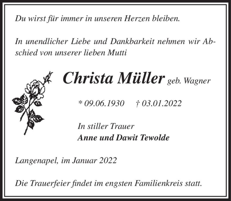  Traueranzeige für Christa Müller (geb. Wagner)  vom 11.01.2022 aus Magdeburger Volksstimme