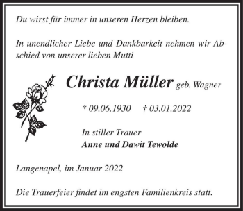 Traueranzeige von Christa Müller (geb. Wagner)  von Magdeburger Volksstimme