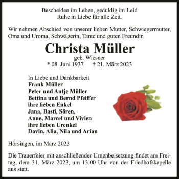 Traueranzeige von Christa Müller (geb. Wiesner)  von Magdeburger Volksstimme