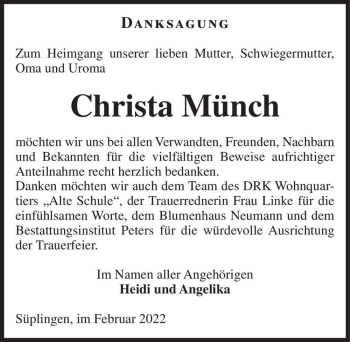 Traueranzeige von Christa Münch  von Magdeburger Volksstimme