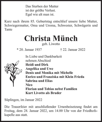 Traueranzeige von Christa Münch (geb. Liwotto)  von Magdeburger Volksstimme